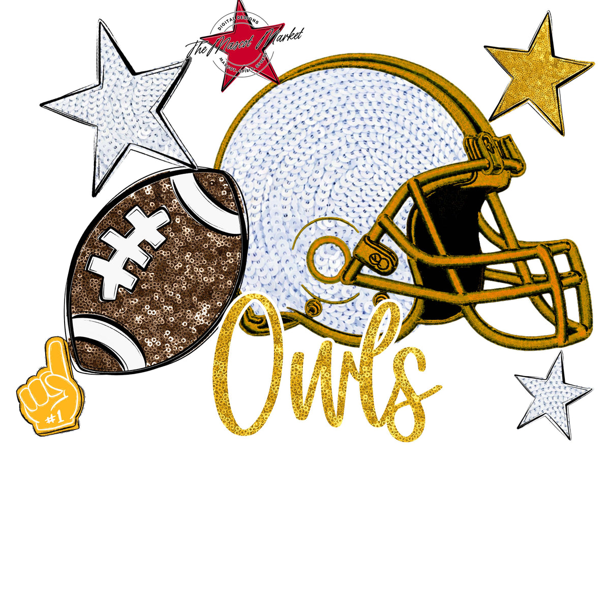 Owls Football Embroidered Sequins Design-Yellow