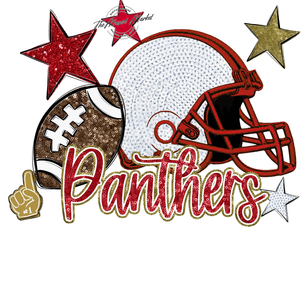 Panthers Football Embroidered Sequins Design-Red & Gold