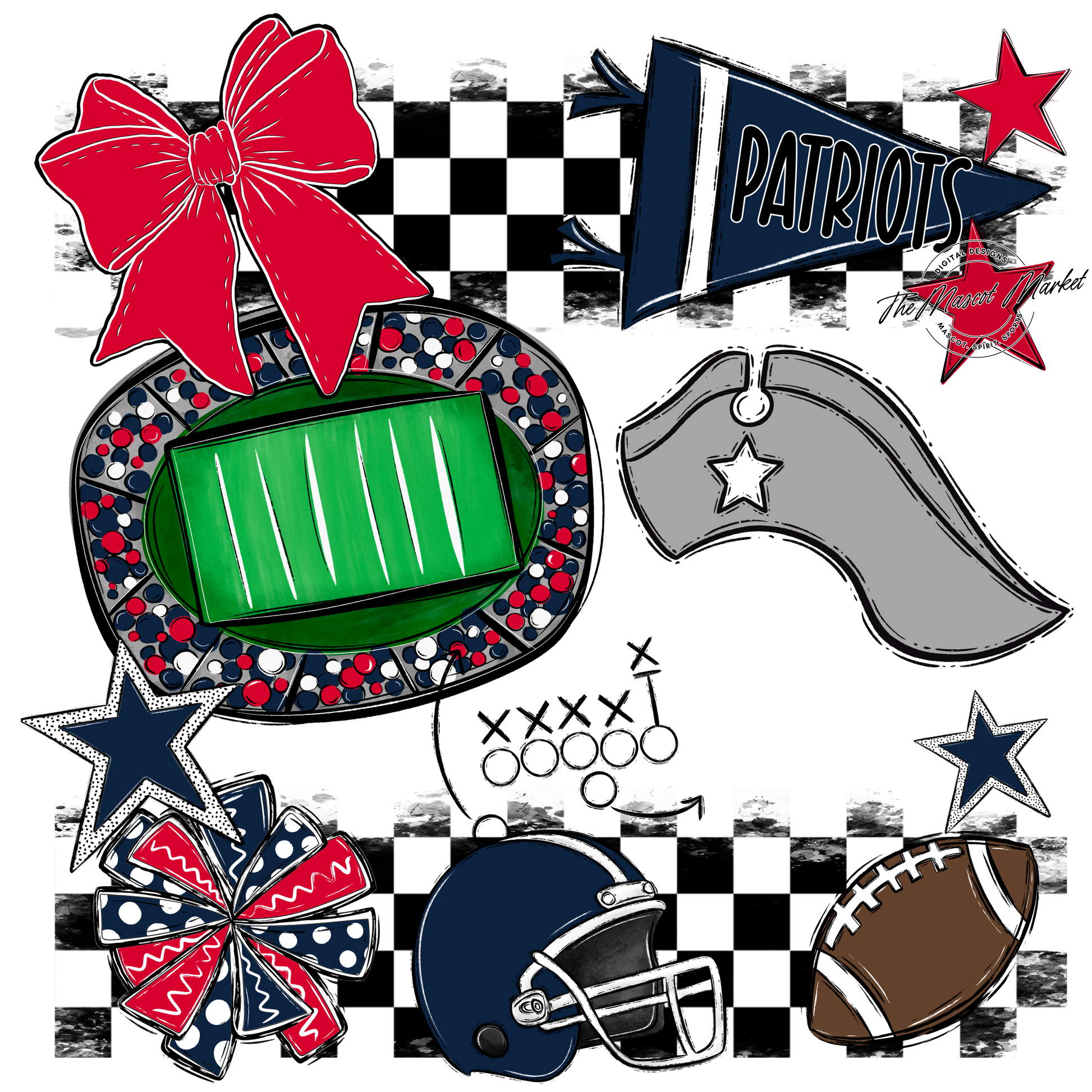 Patriots Checkers Mascot Spirit Design-Navy-Red