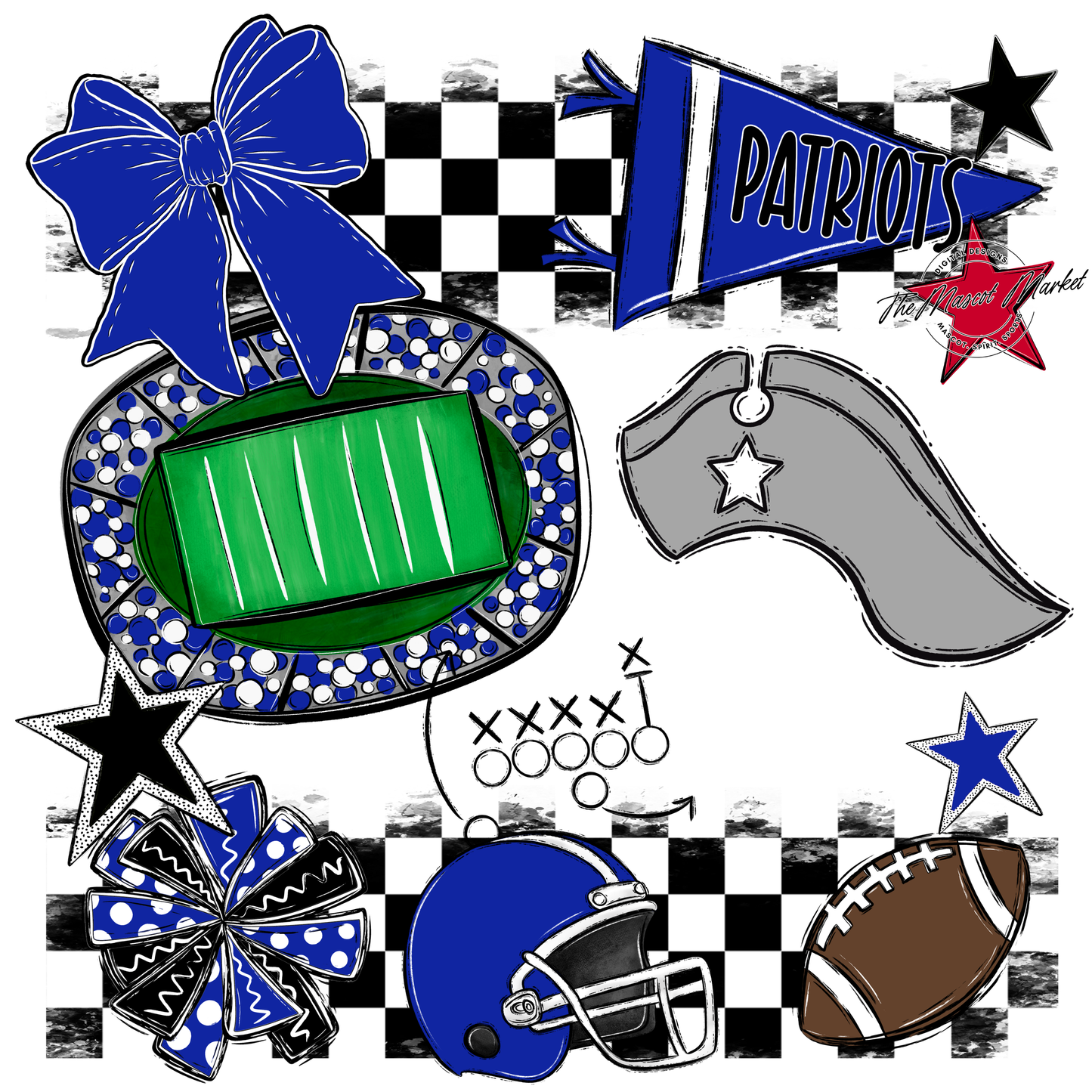 Patriots Checkers Mascot Spirit Design-Royal Blue