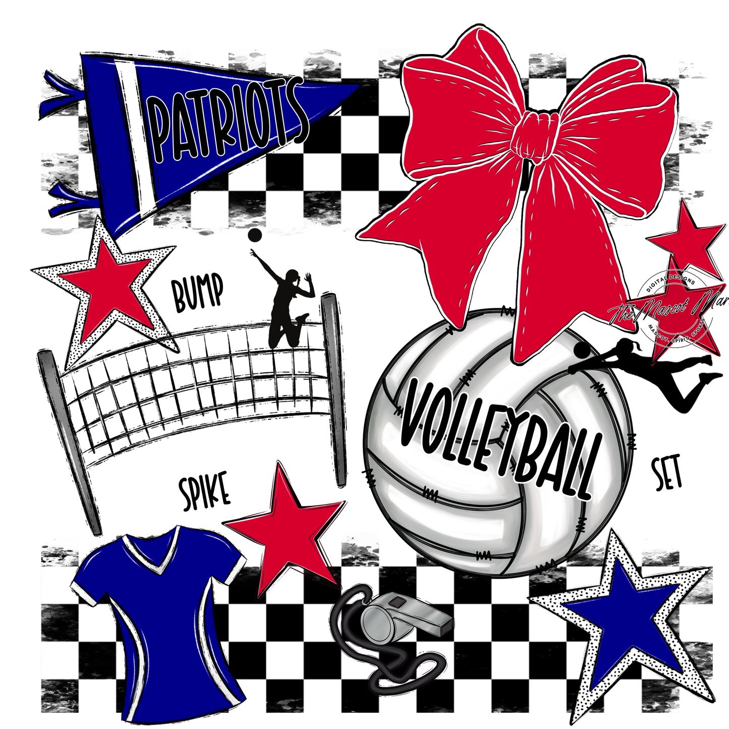 Patriots Checkers Volleyball Spirit Design-Blue-Red