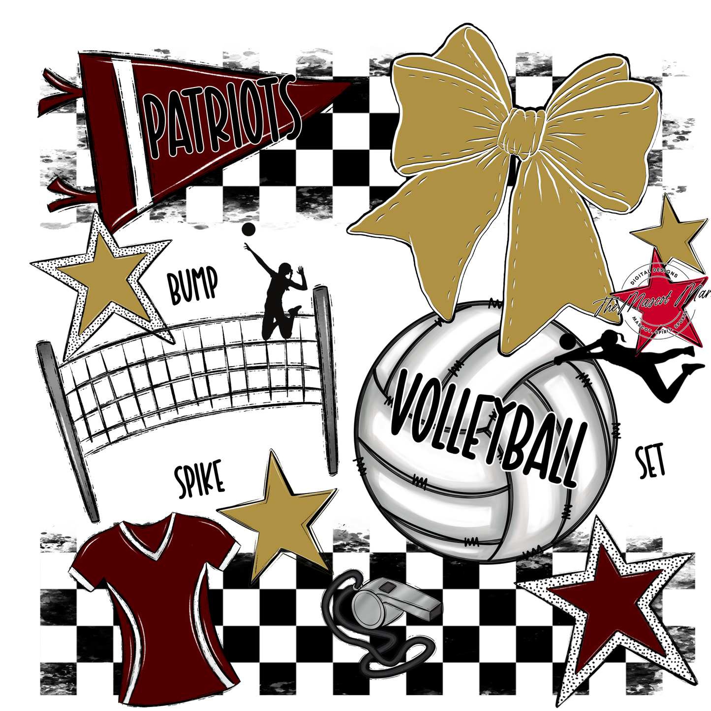 Patriots Checkers Volleyball Spirit Design-Maroon-Gold
