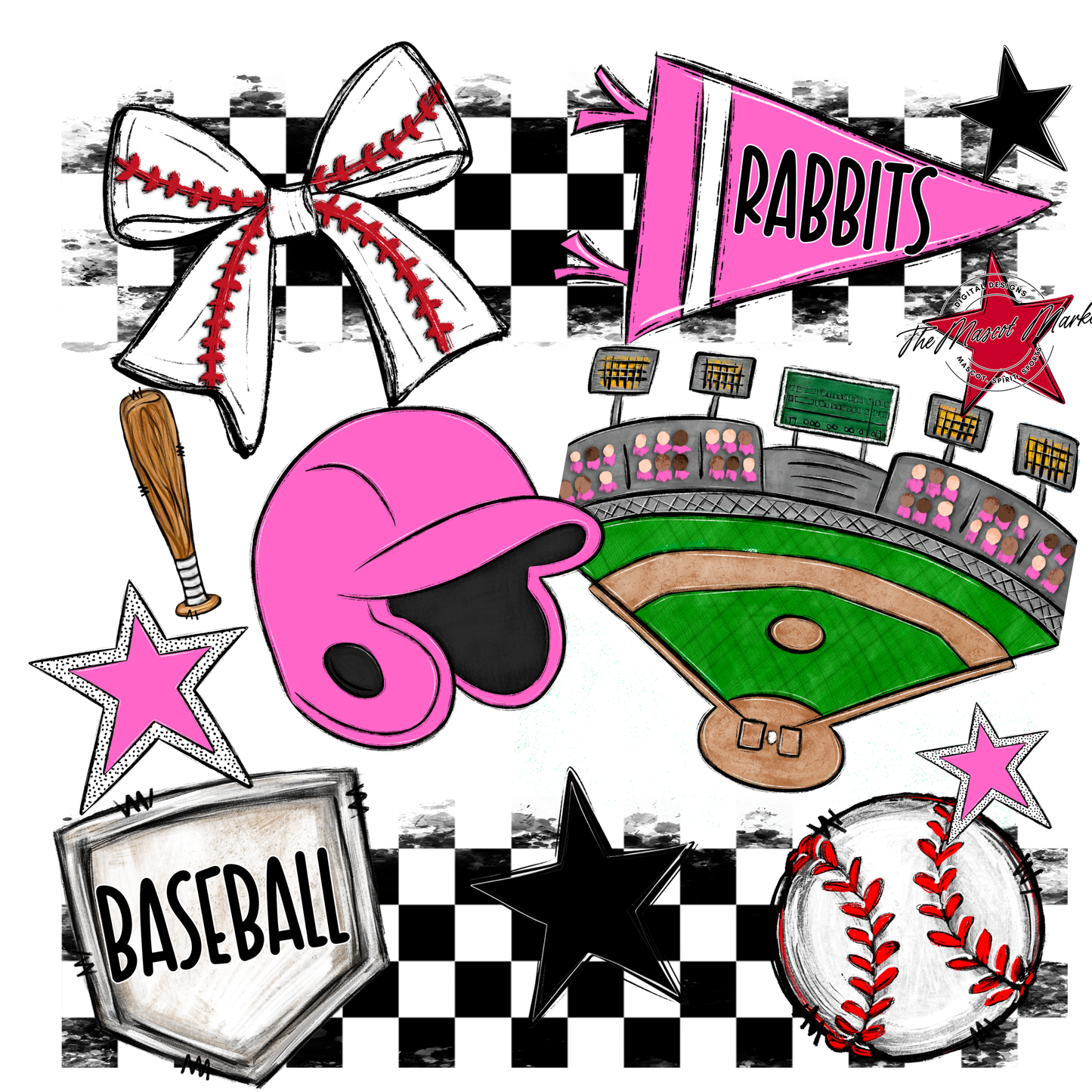 Rabbits Checkers Baseball Spirit Design-Baby Pink