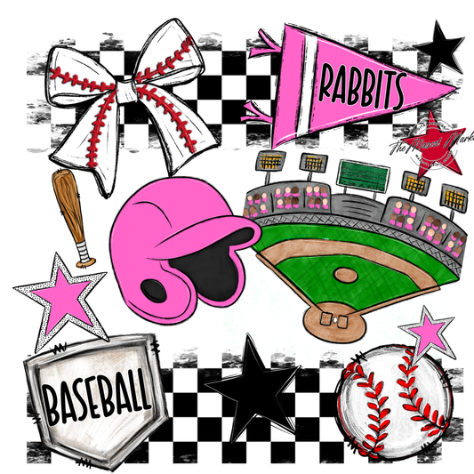 Rabbits Checkers Baseball Spirit Design-Baby Pink