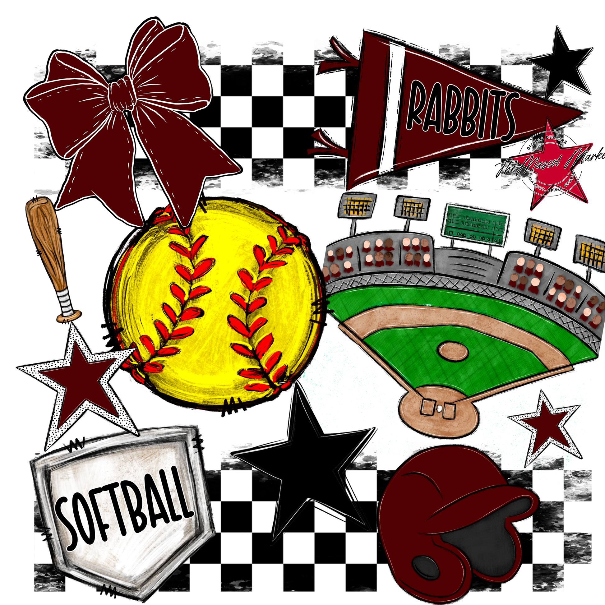 Rabbits Checkers Softball Spirit Design-Maroon
