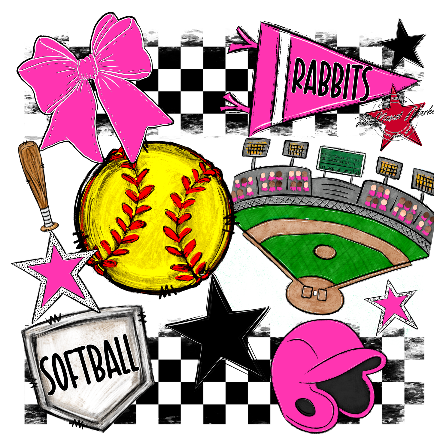 Rabbits Checkers Softball Spirit Design-Pink