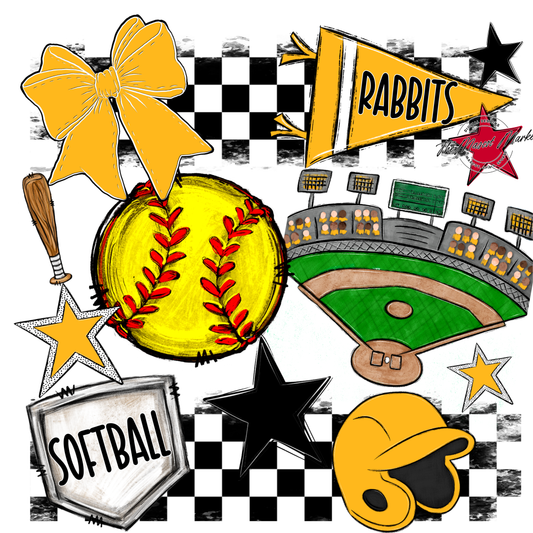 Rabbits Checkers Softball Spirit Design-Yellow