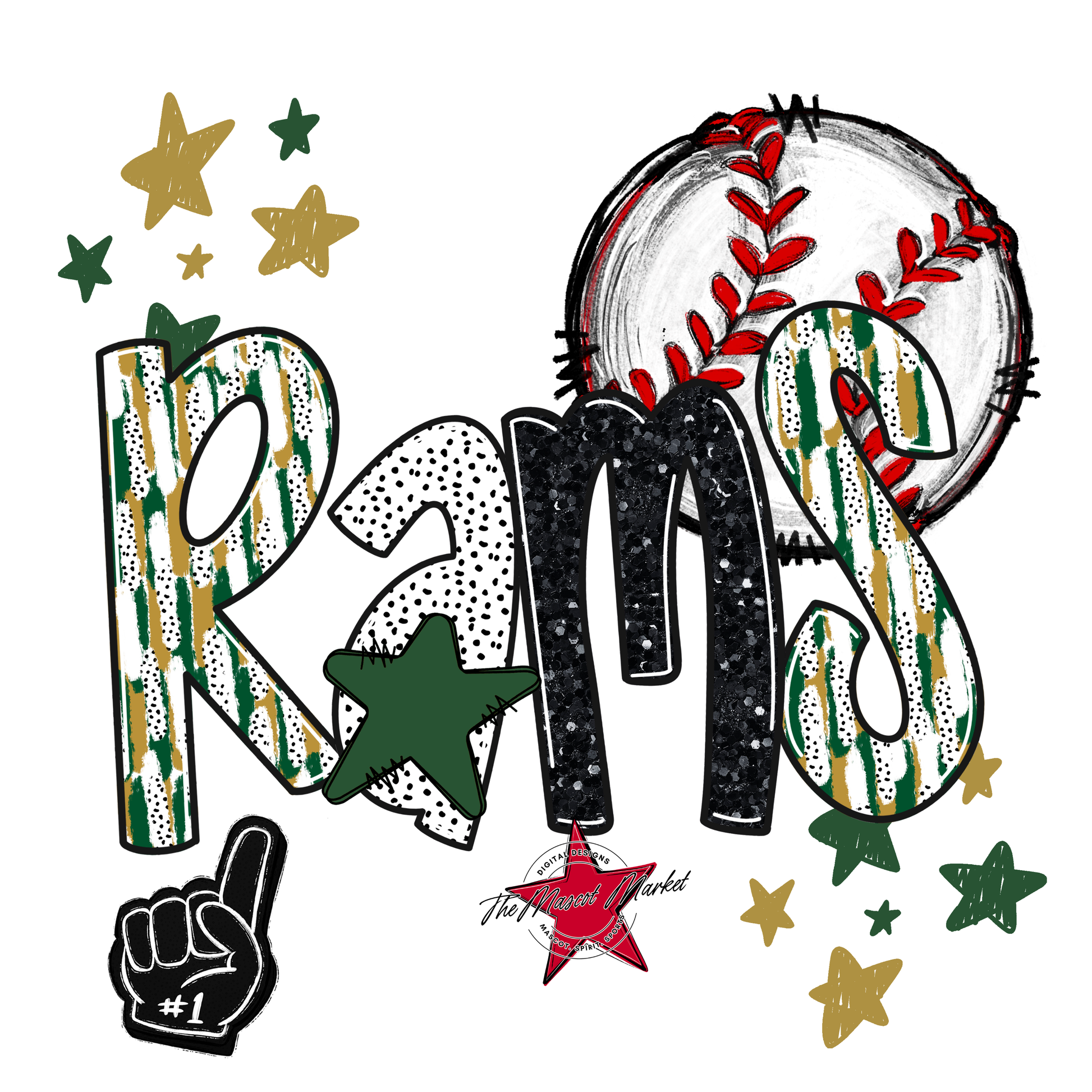 Rams Baseball Scrape-Green-Gold