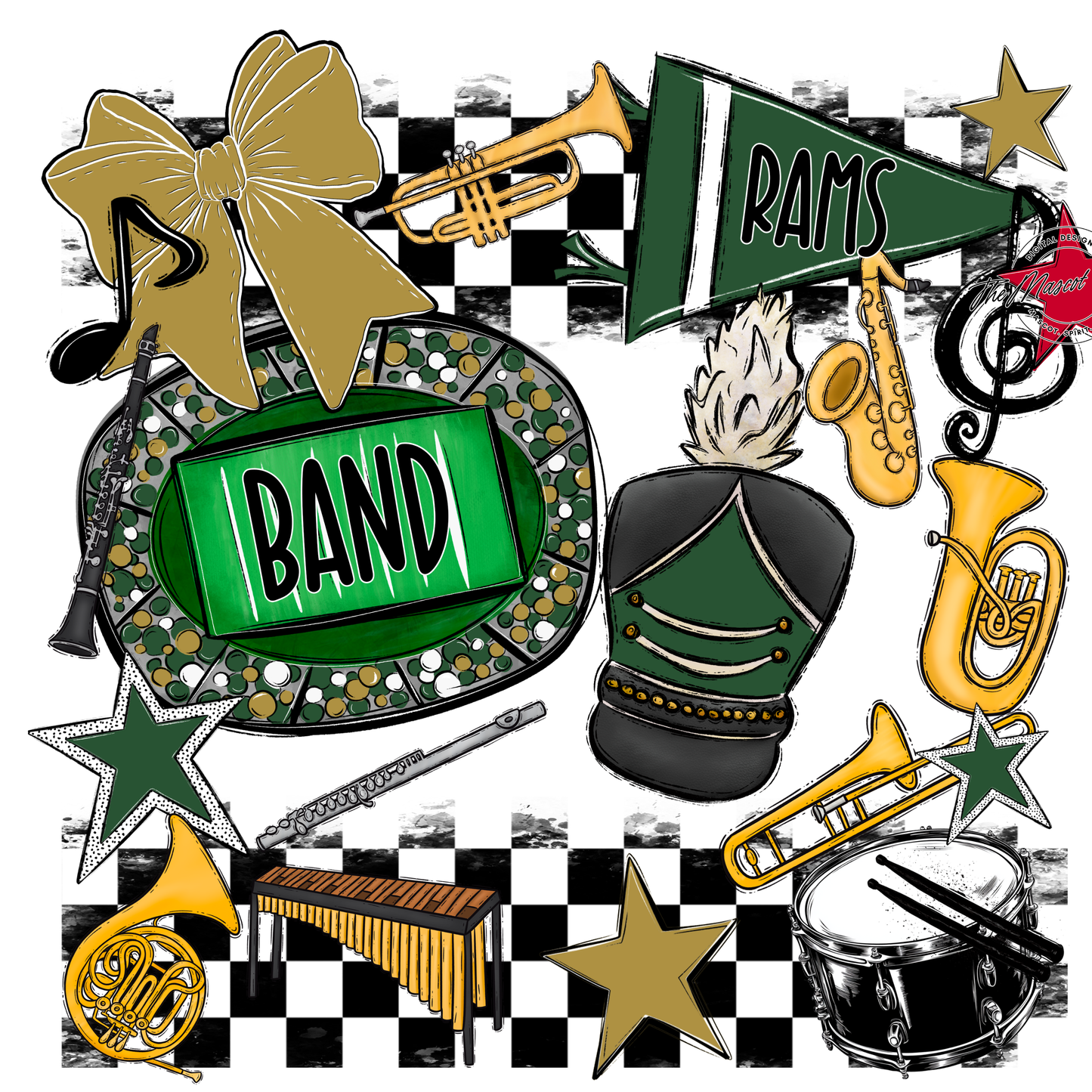 Rams Checkers Band Spirit Design-Green-Gold