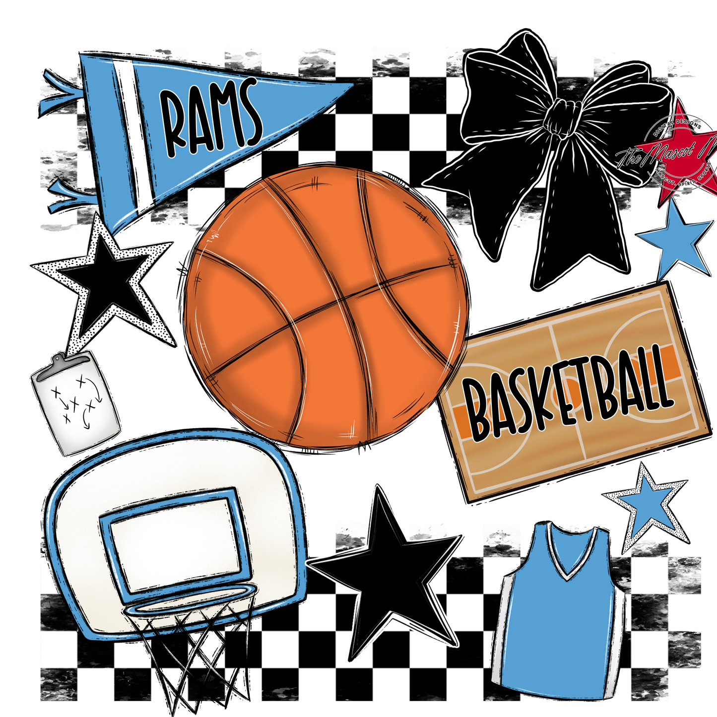 Rams Checkers Basketball Spirit Design-Carolina Blue