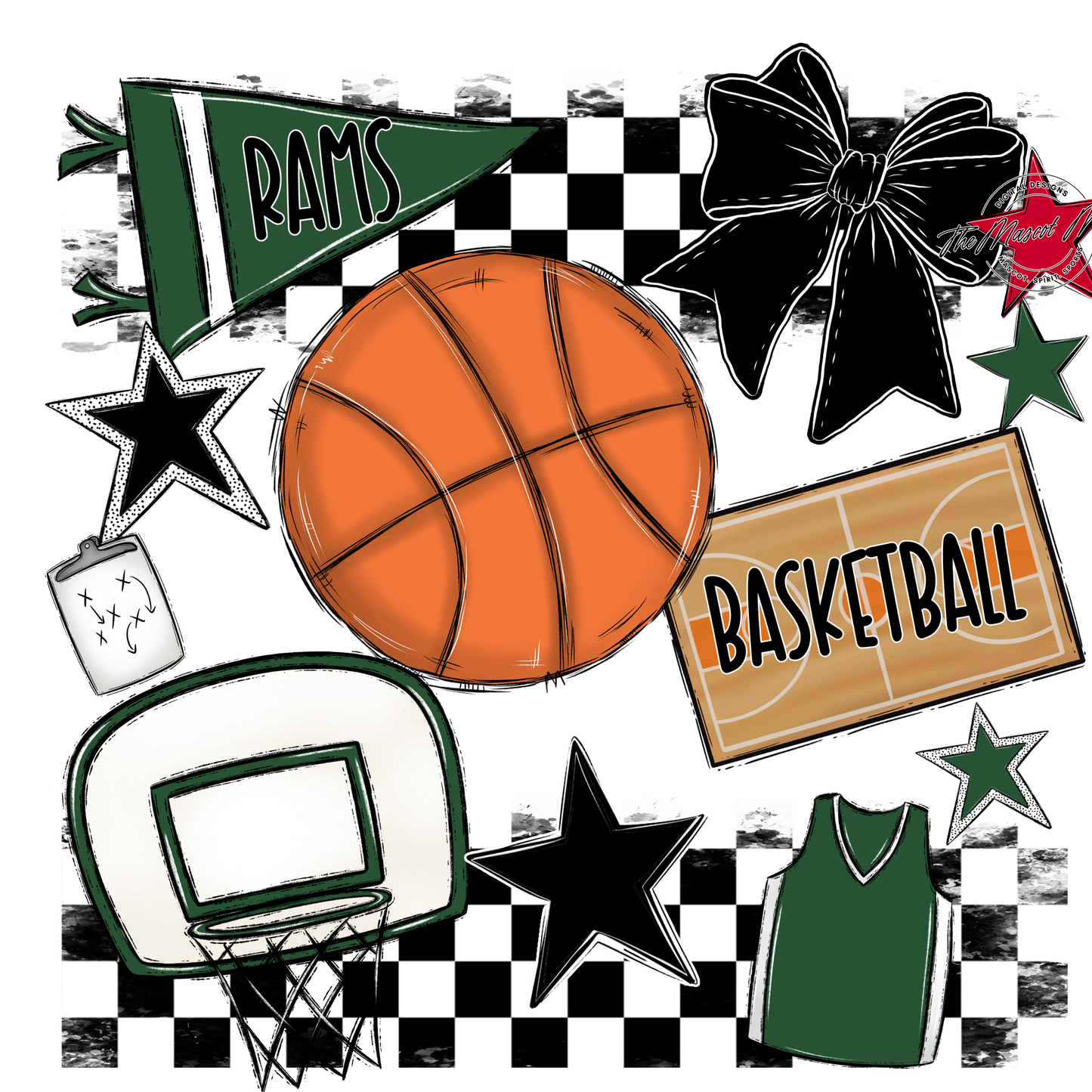 Rams Checkers Basketball Spirit Design-Green