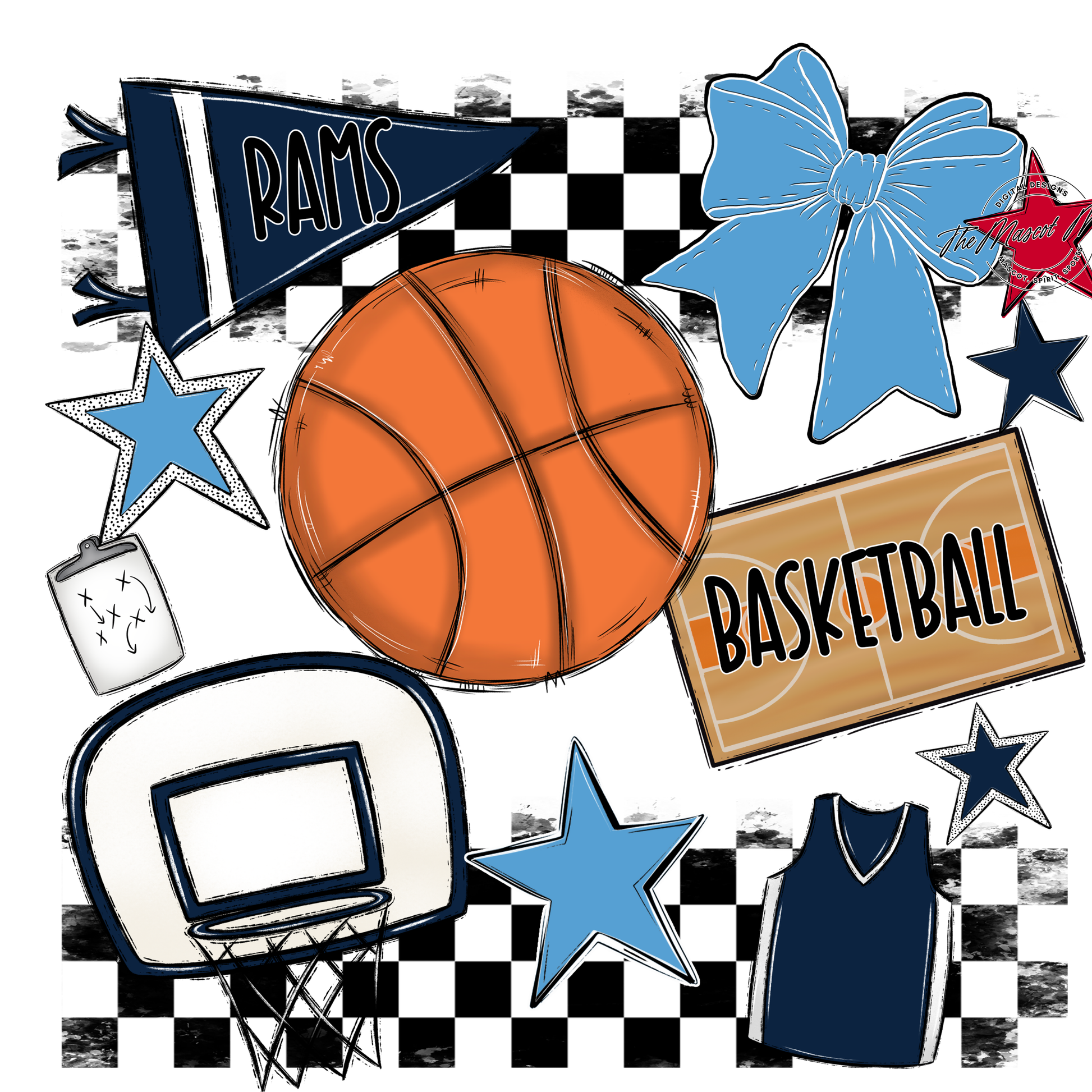 Rams Checkers Basketball Spirit Design-Navy-Carolina Blue