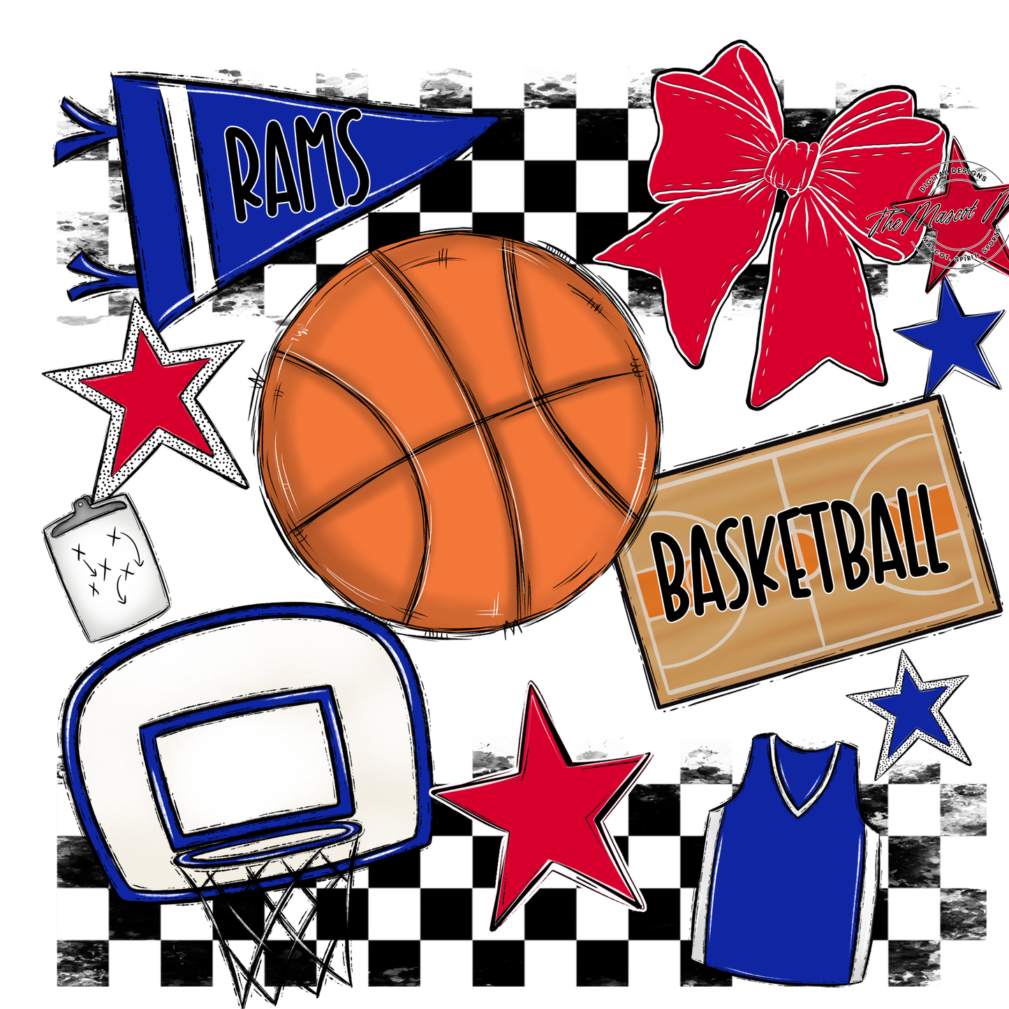 Rams Checkers Basketball Spirit Design-Royal Blue-Red