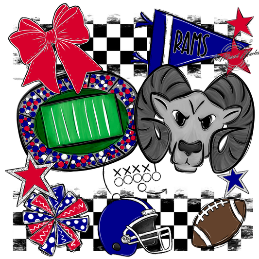 Rams Checkers Mascot Spirit Design-Blue-Red