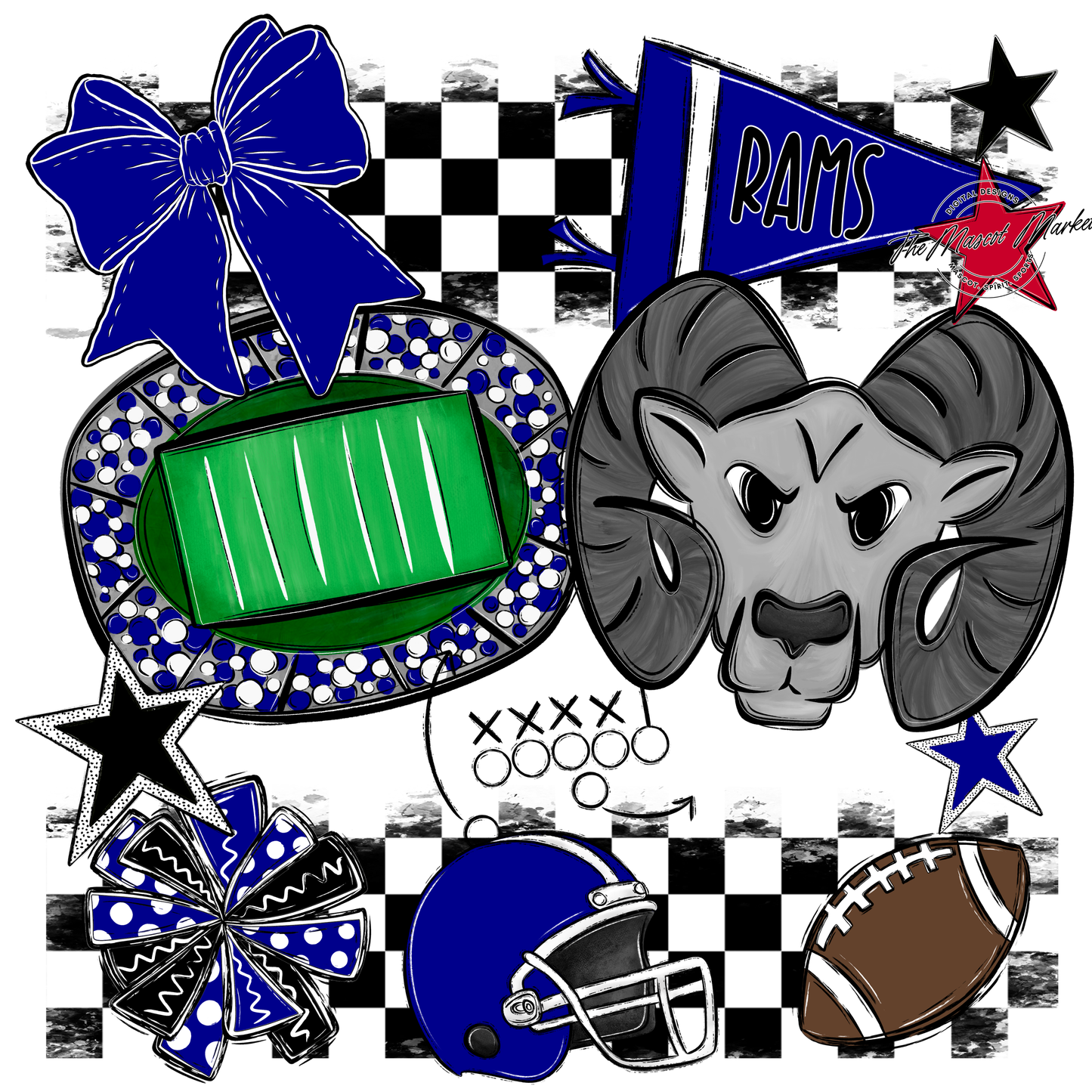 Rams Checkers Mascot Spirit Design-Blue