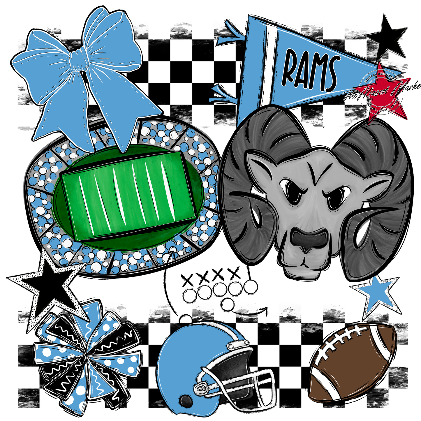 Rams Checkers Mascot Spirit Design-Carolina Blue