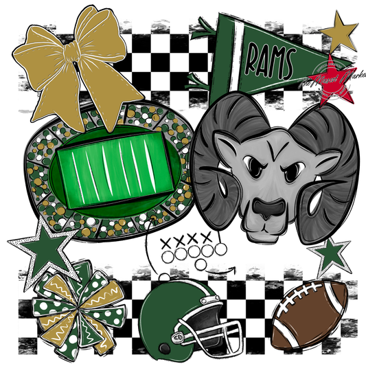 Rams Checkers Mascot Spirit Design-Green-Gold