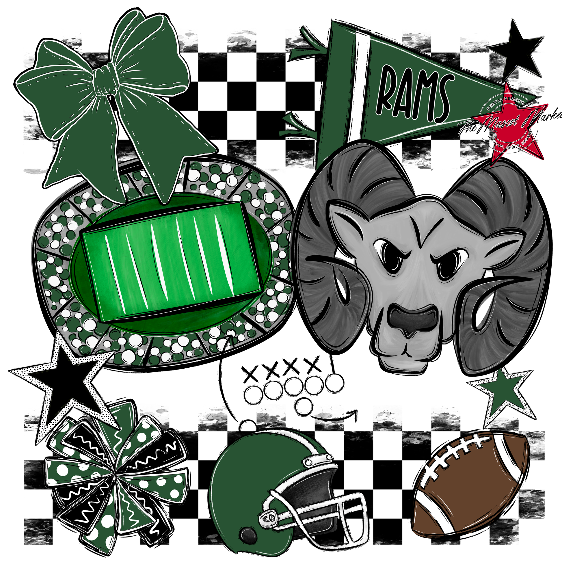 Rams Checkers Mascot Spirit Design-Green