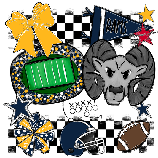 Rams Checkers Mascot Spirit Design-Navy-Yellow