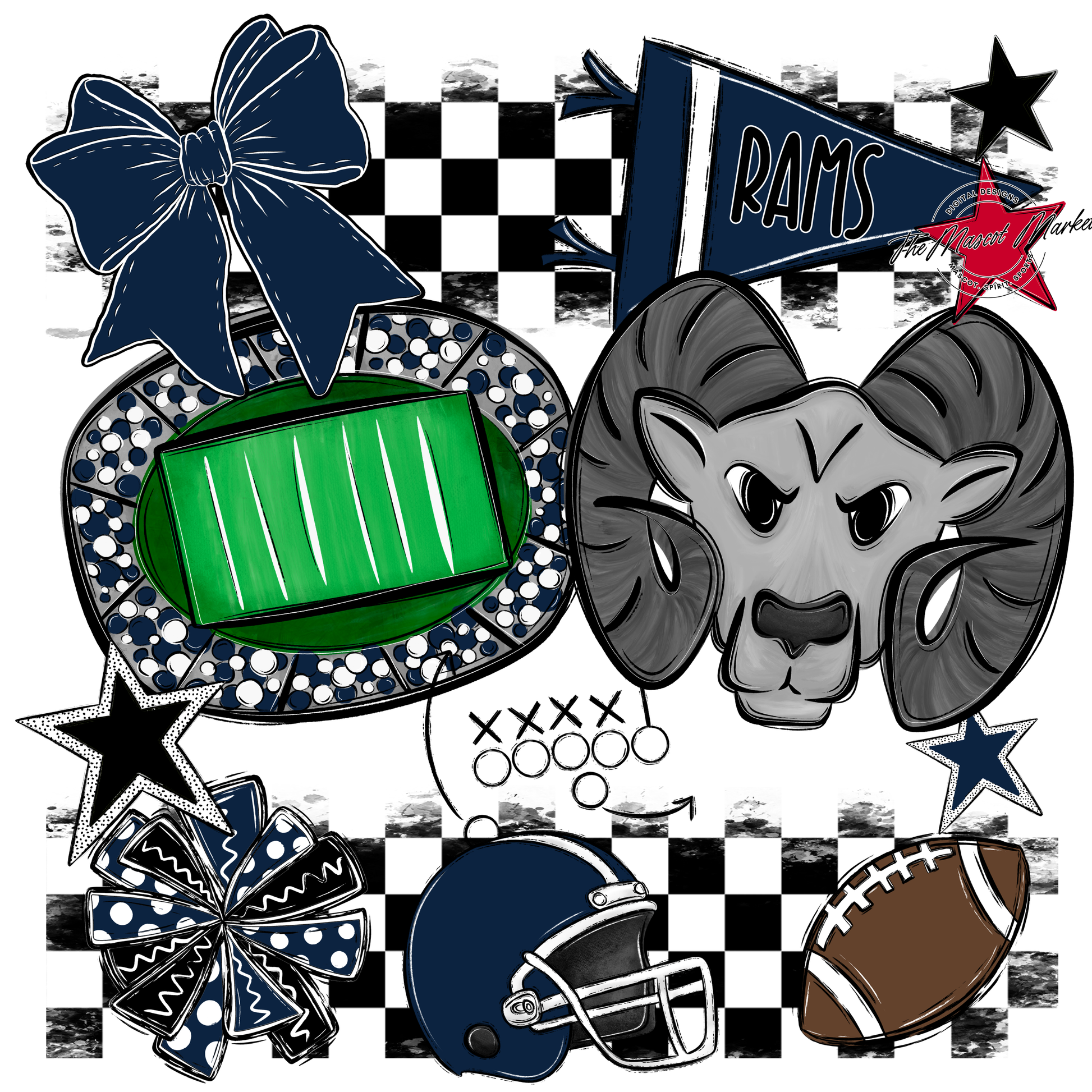 Rams Checkers Mascot Spirit Design-Navy