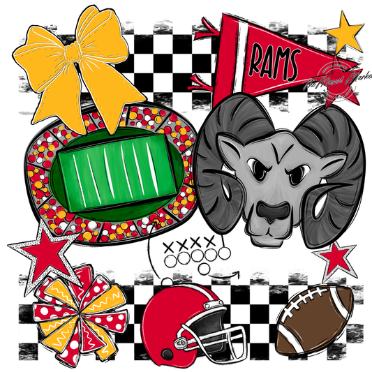 Rams Checkers Mascot Spirit Design-Red-Yellow