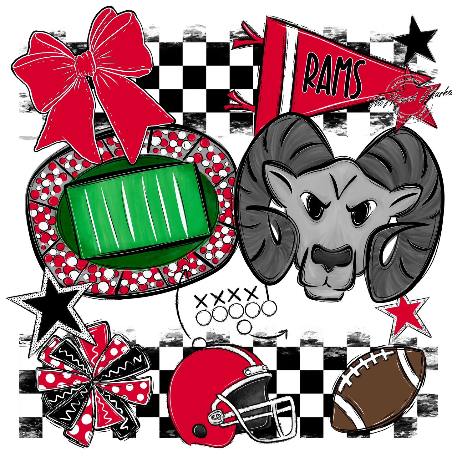 Rams Checkers Mascot Spirit Design-Red