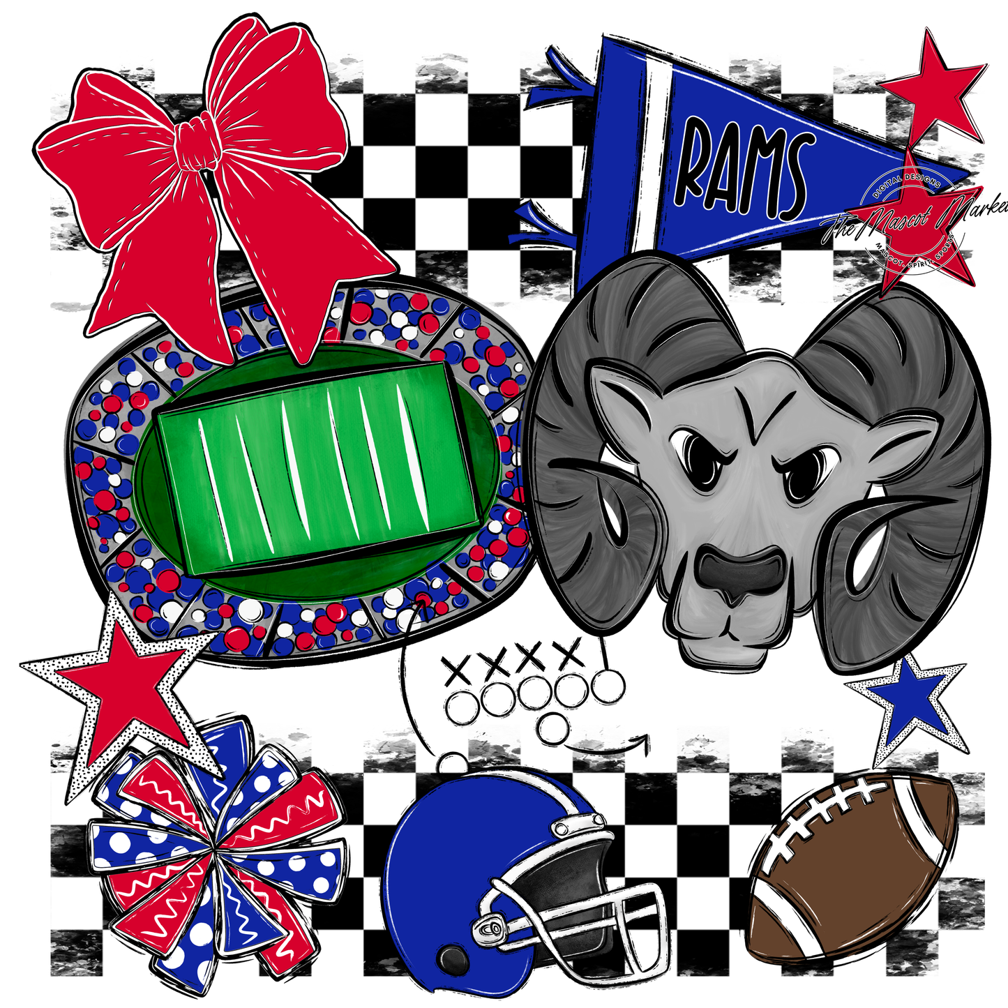 Rams Checkers Mascot Spirit Design-Royal Blue-Red