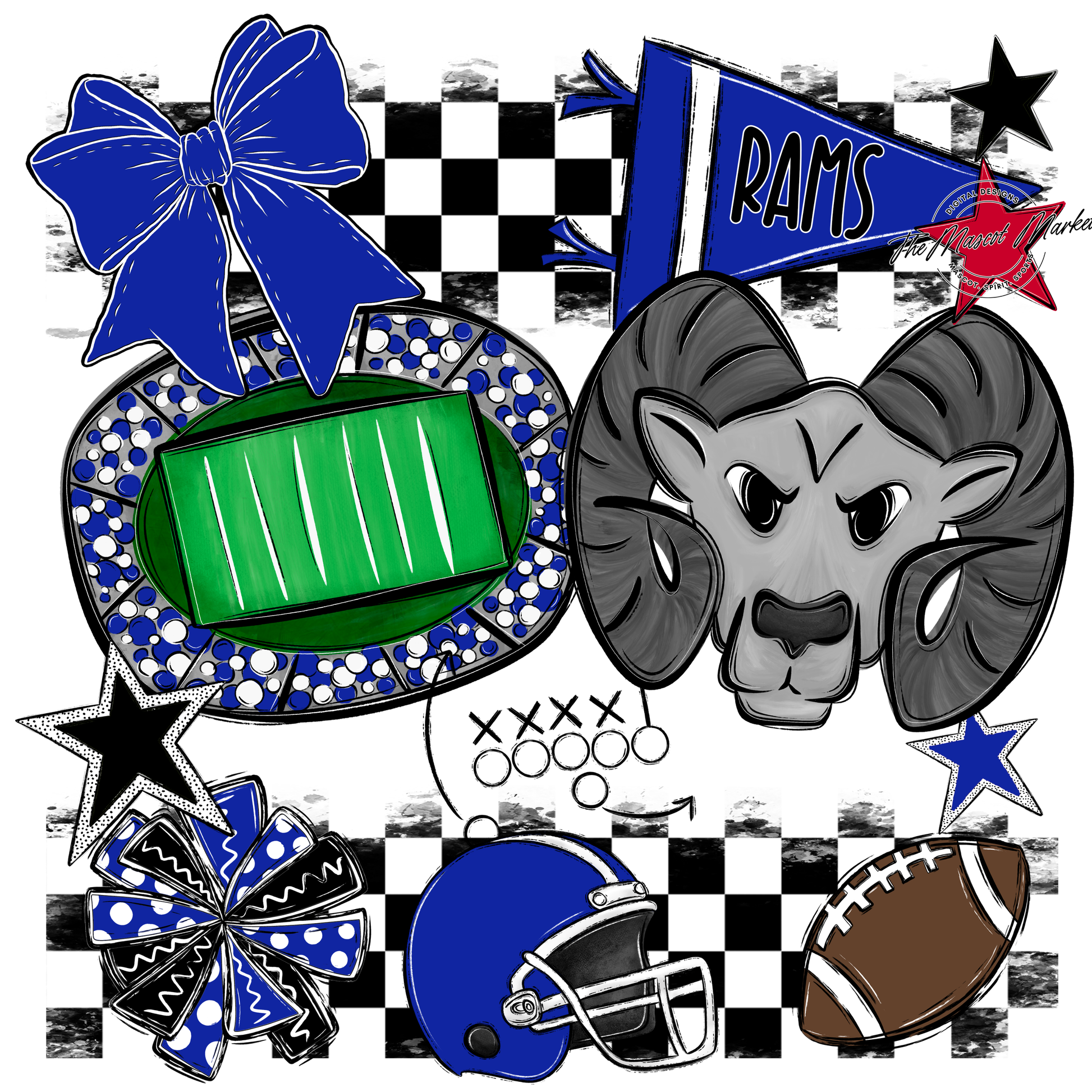 Rams Checkers Mascot Spirit Design-Royal Blue