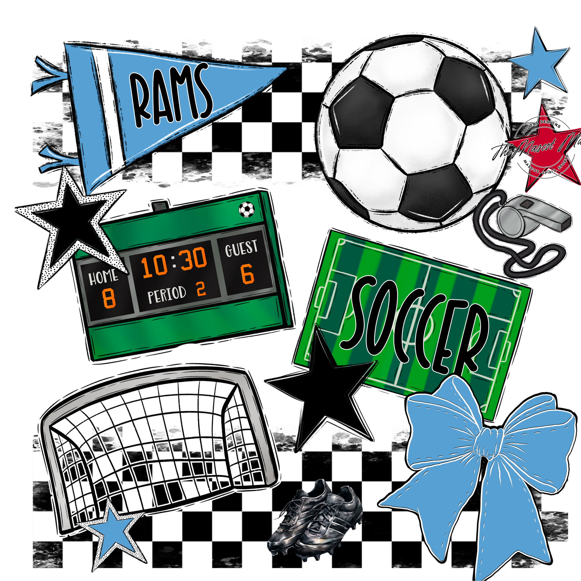 Rams Checkers Soccer Spirit Design-Carolina Blue