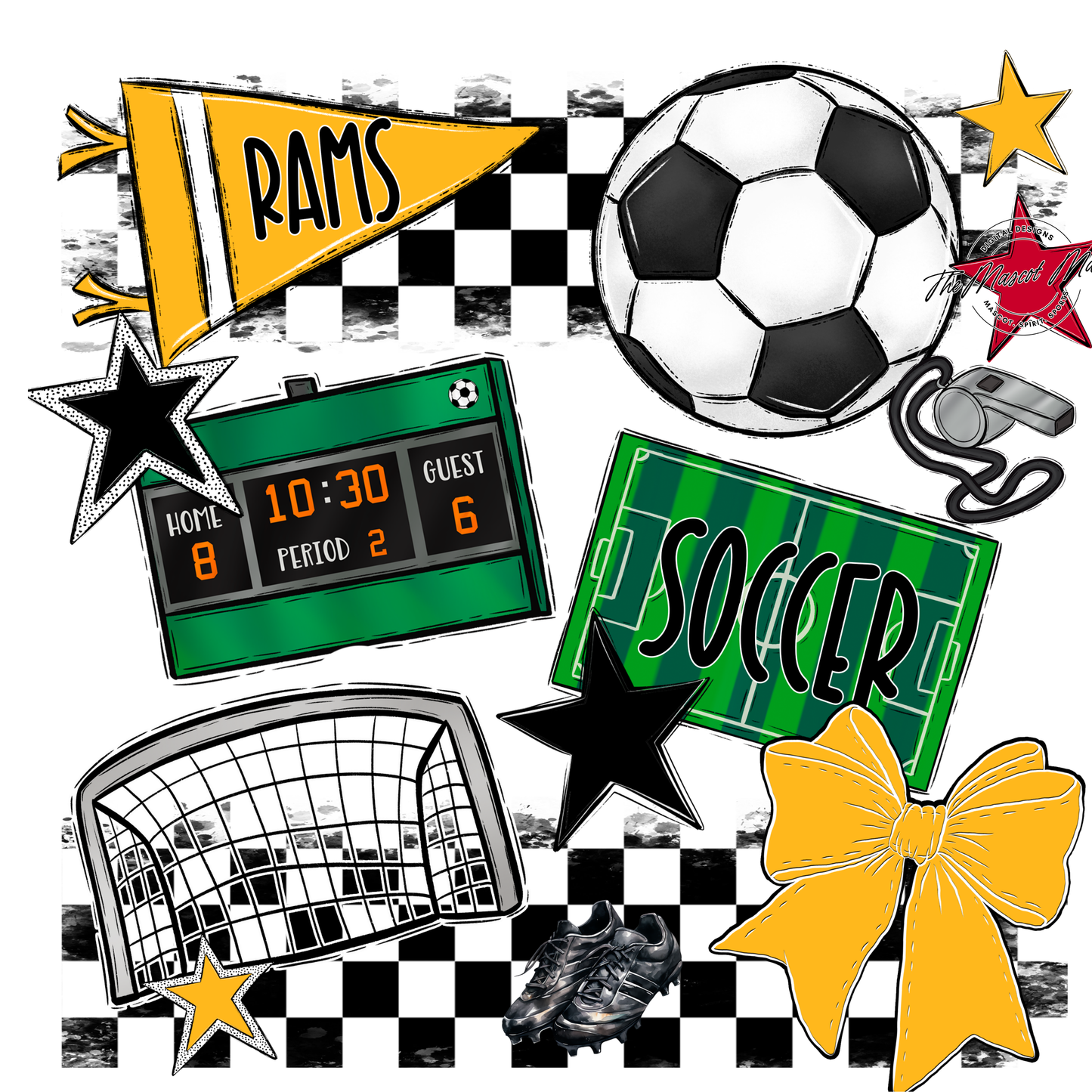 Rams Checkers Soccer Spirit Design-Yellow