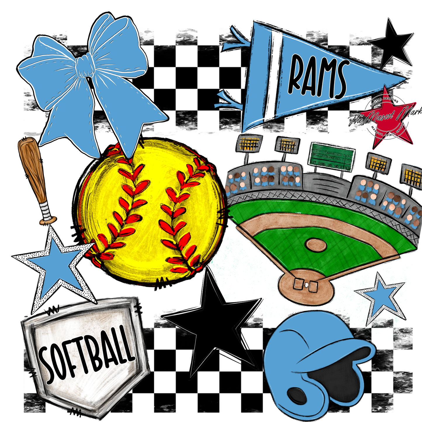 Rams Checkers Softball Spirit Design-Carolina Blue