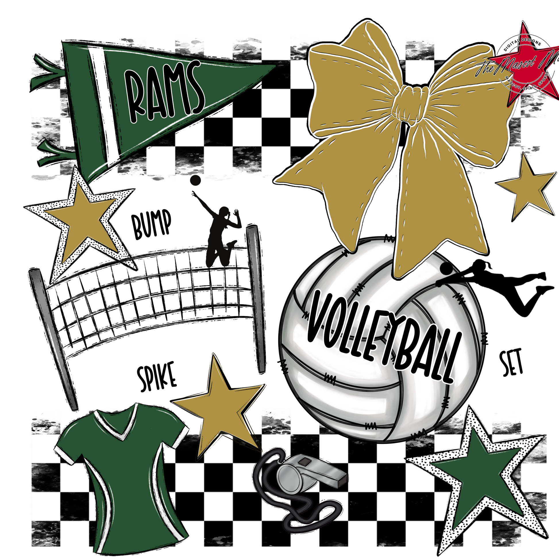 Rams Checkers Volleyball Spirit Design-Green-Gold