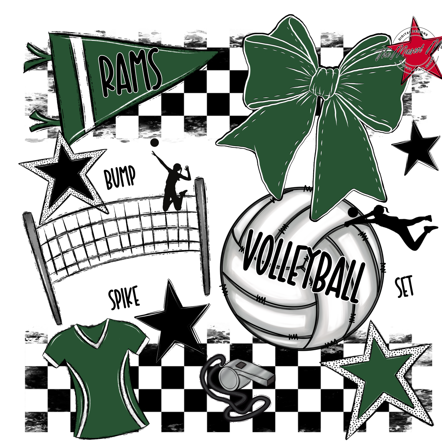Rams Checkers Volleyball Spirit Design-Green