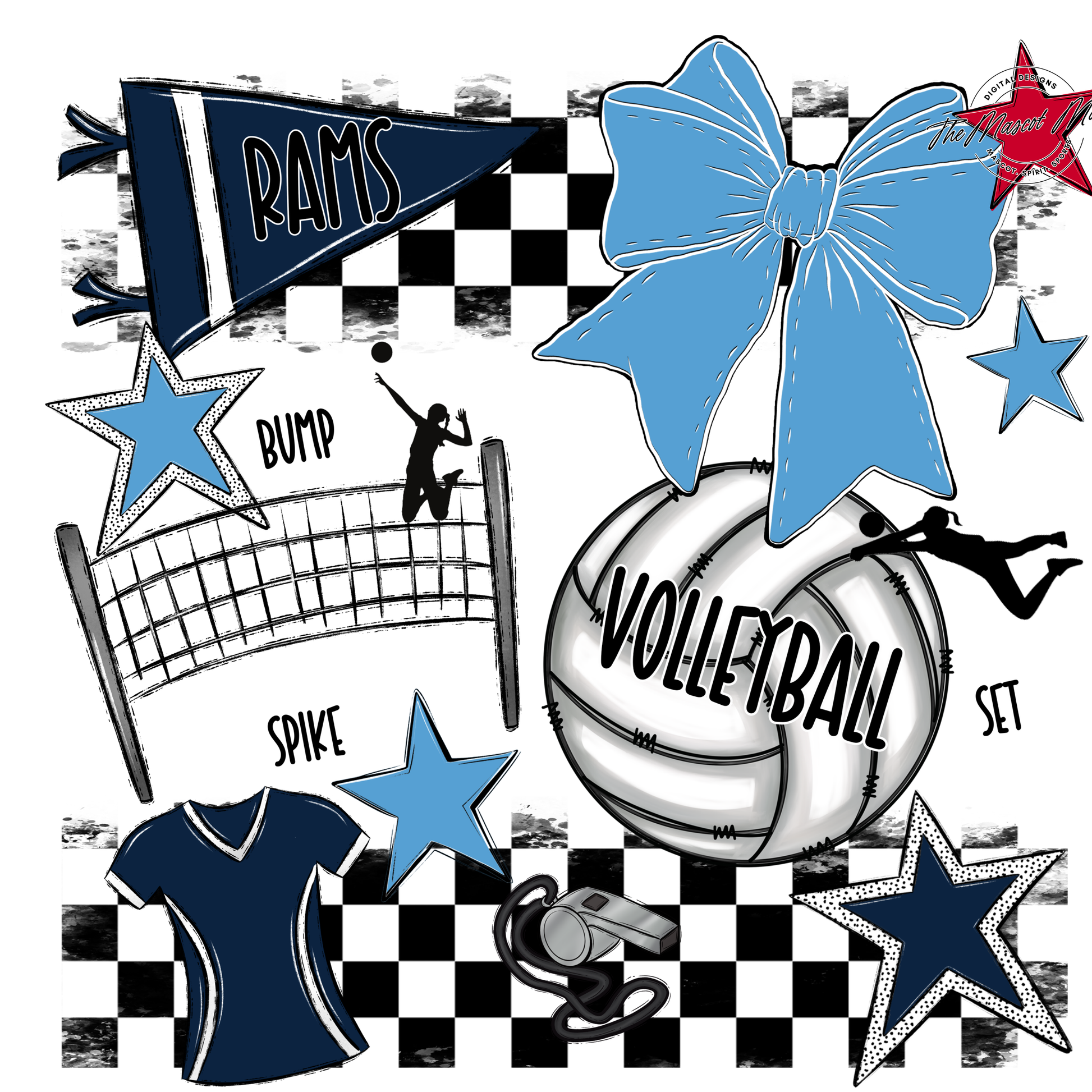 Rams Checkers Volleyball Spirit Design-Navy-Carolina Blue