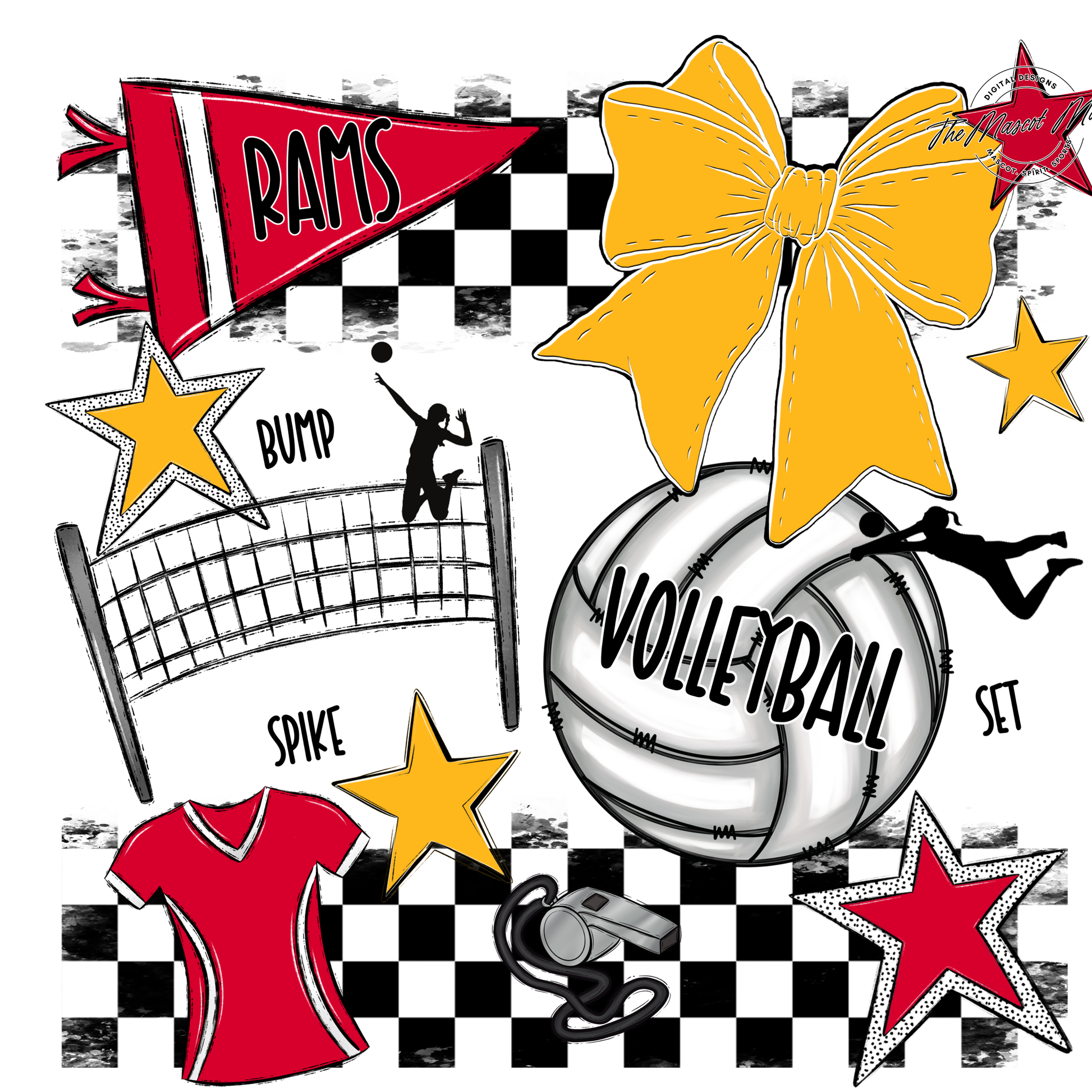 Rams Checkers Volleyball Spirit Design-Red-Yellow