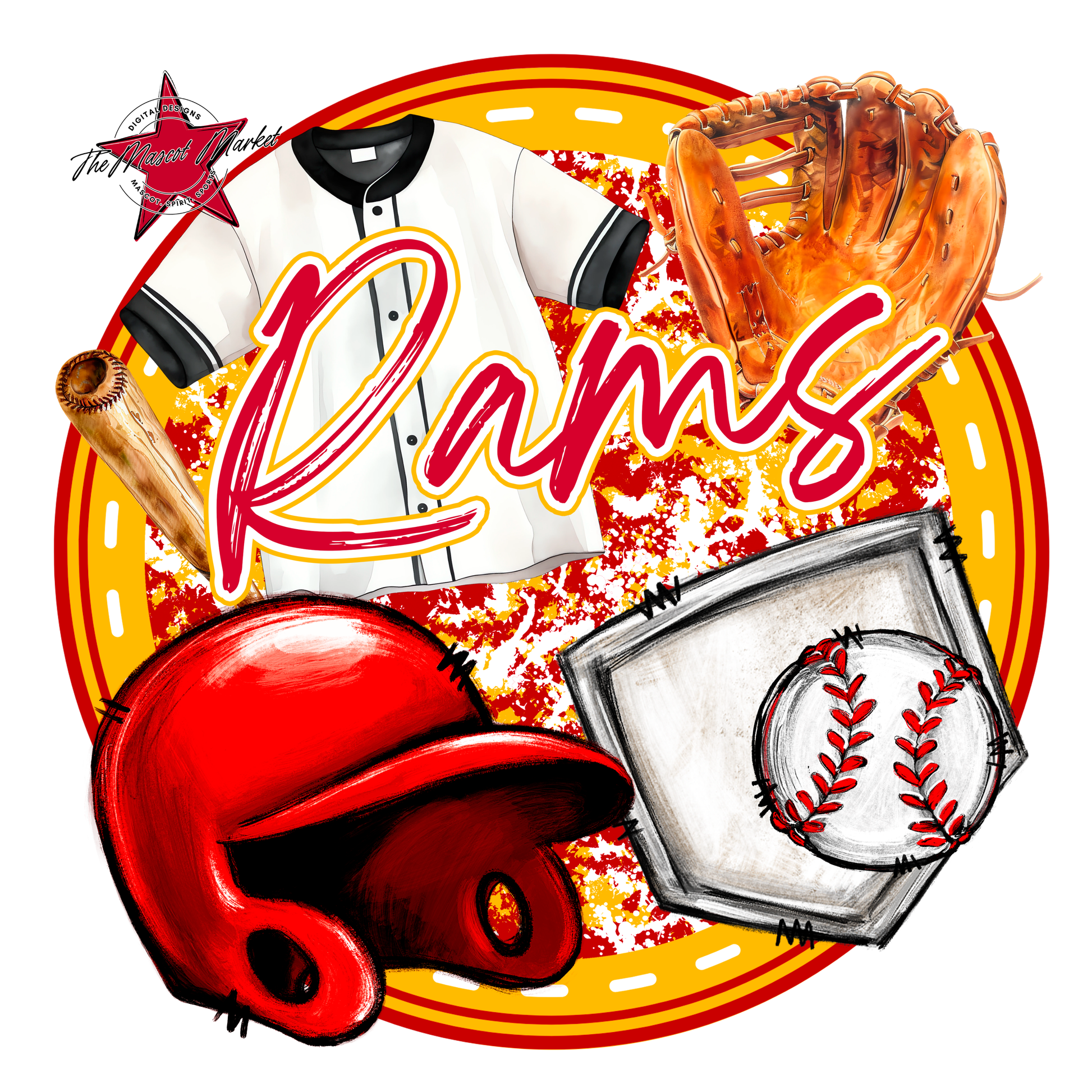 Rams Circle Baseball Design-Red-Yellow