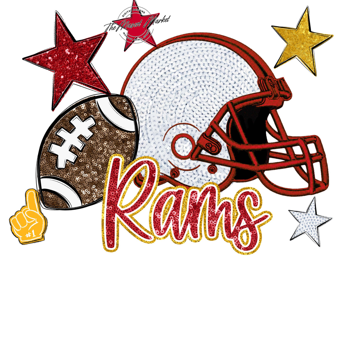 Rams Football Embroidered Sequins Design-Red & Yellow