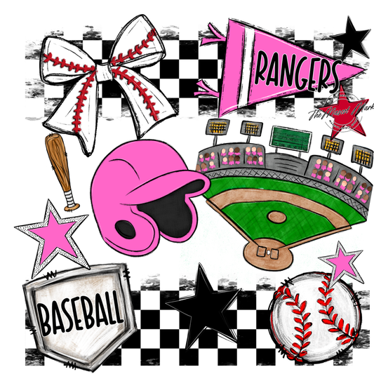 Rangers Checkers Baseball Spirit Design-Baby Pink
