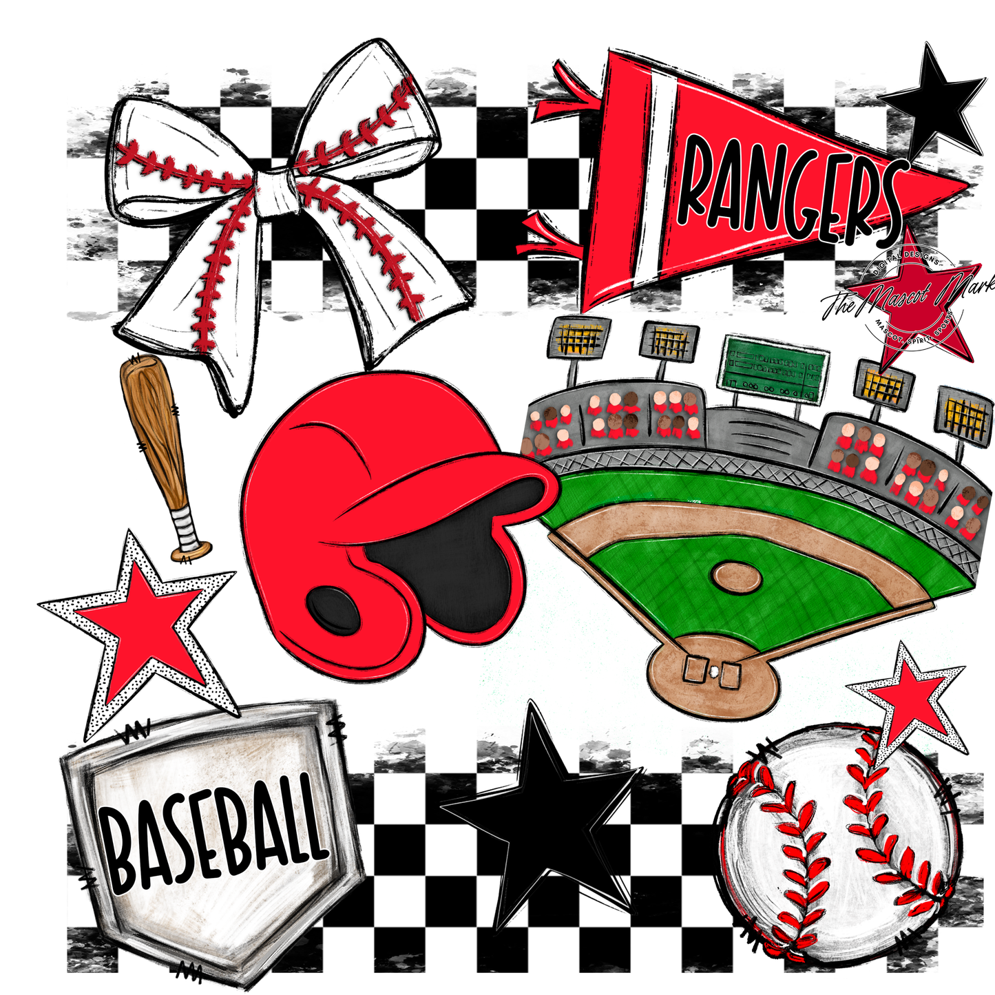 Rangers Checkers Baseball Spirit Design-Bright Red