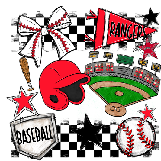 Rangers Checkers Baseball Spirit Design-Bright Red