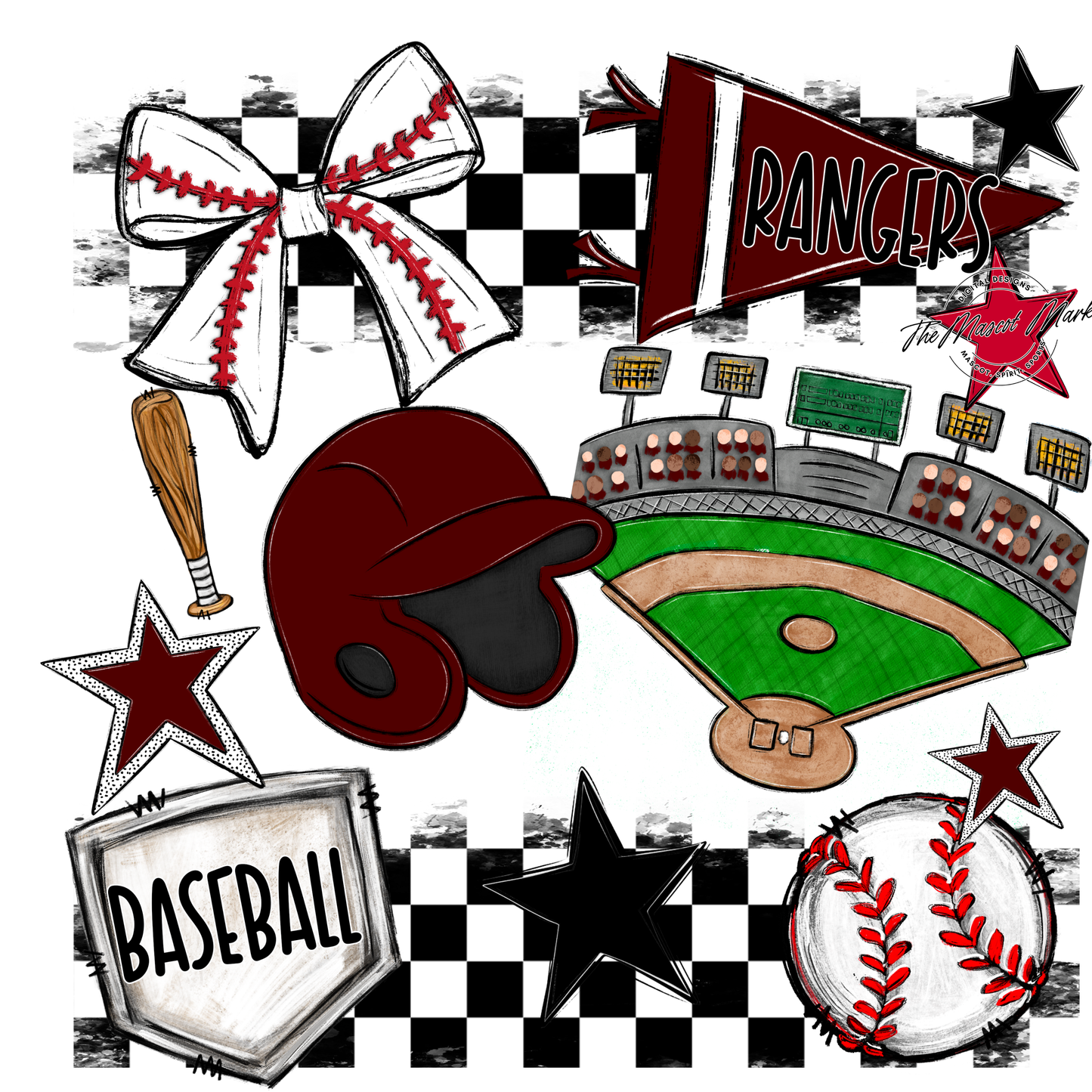 Rangers Checkers Baseball Spirit Design-Maroon