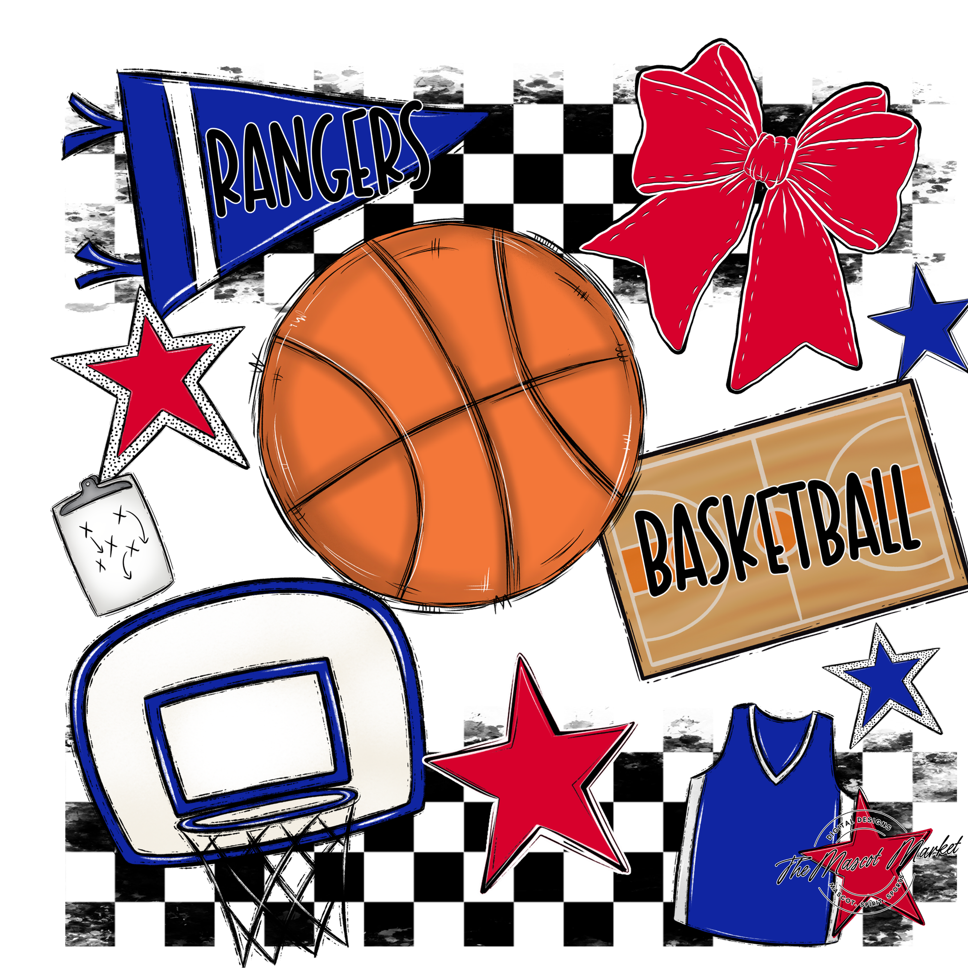 Rangers Checkers Basketball Spirit Design-Royal Blue-Red