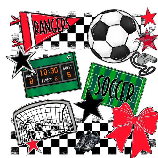 Rangers Checkers Soccer Spirit Design-Bright Red