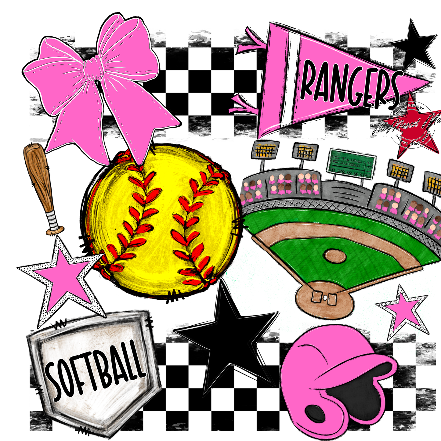Rangers Checkers Softball Spirit Design-Baby Pink