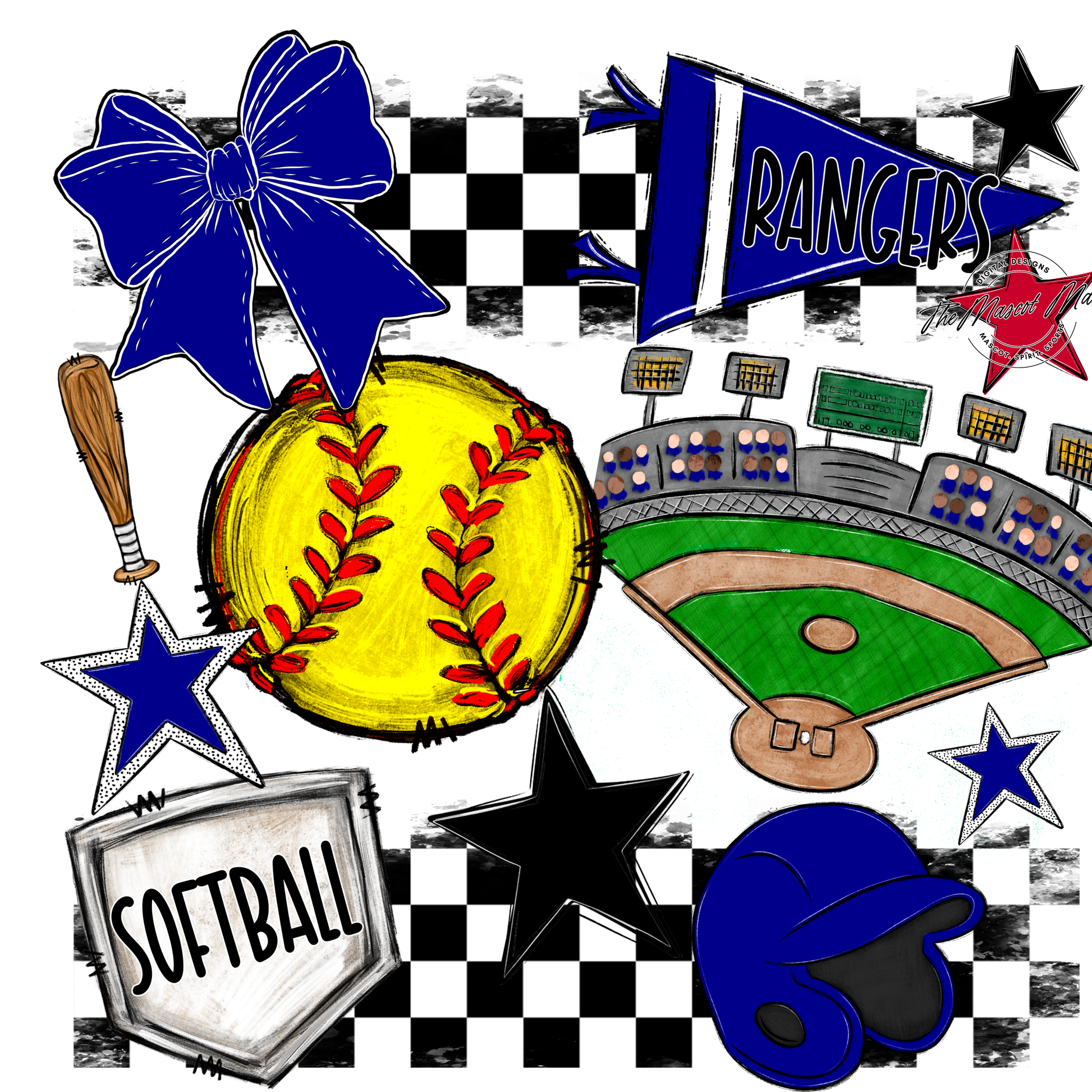 Rangers Checkers Softball Spirit Design-Blue
