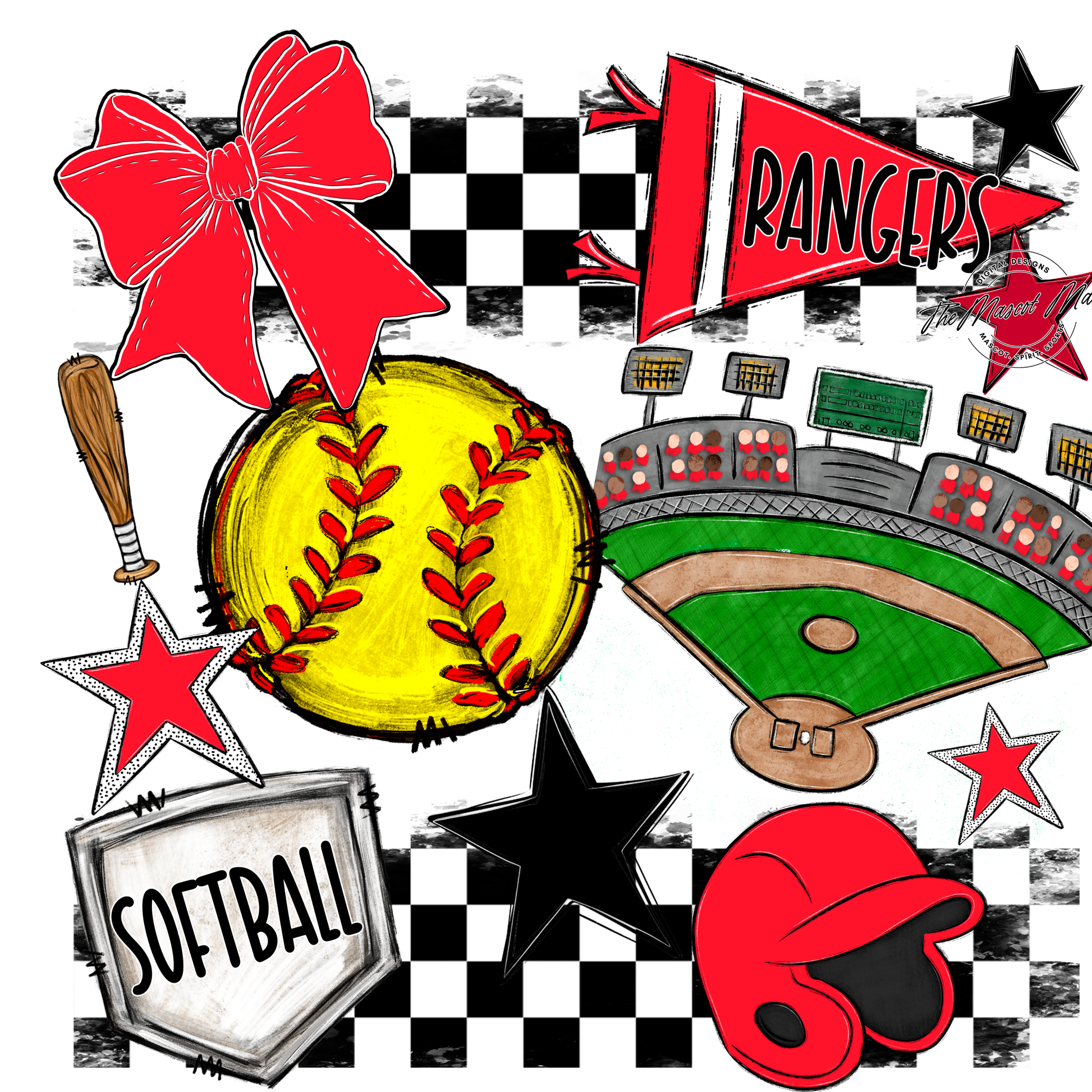 Rangers Checkers Softball Spirit Design-Bright Red