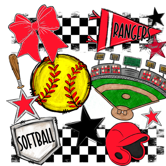 Rangers Checkers Softball Spirit Design-Bright Red