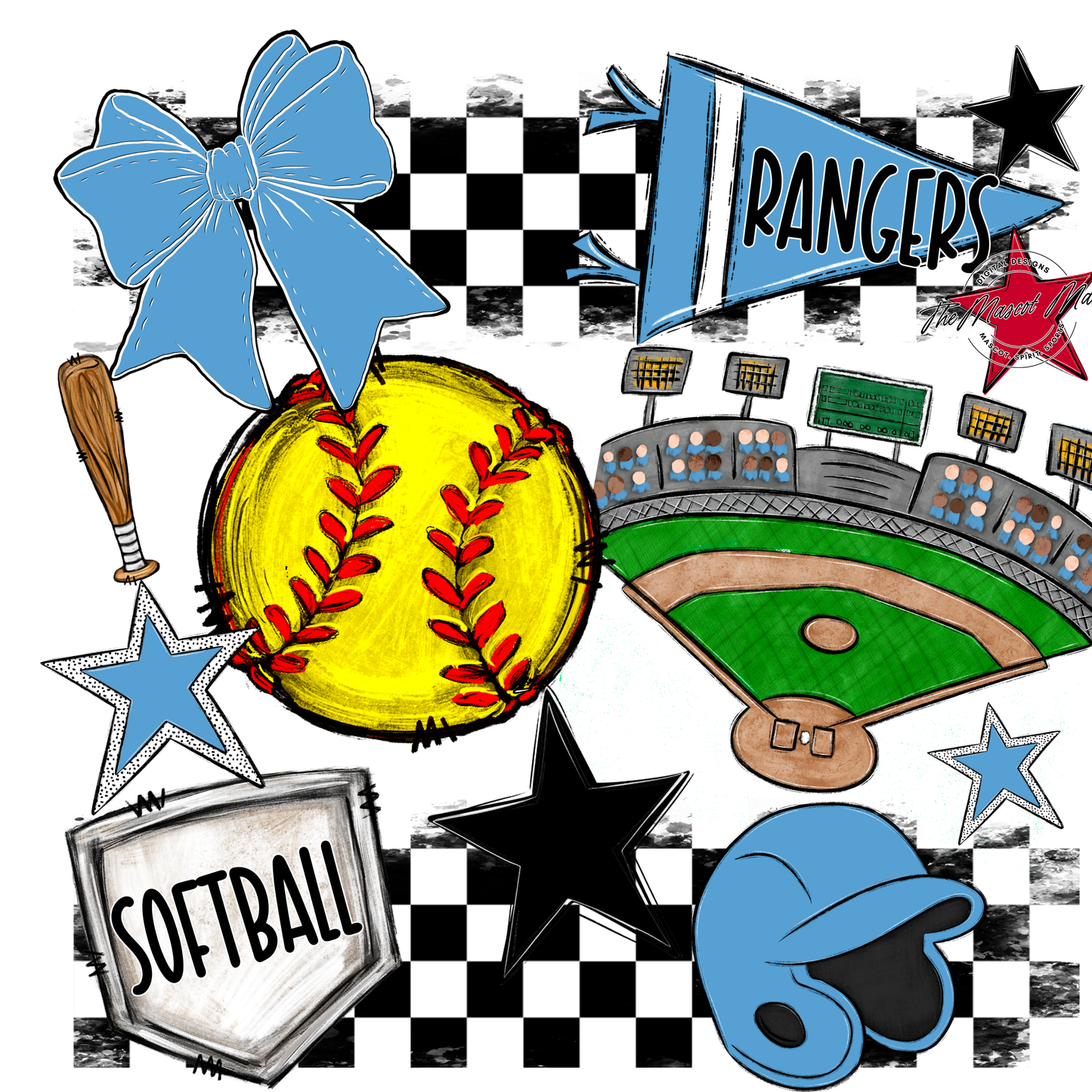 Rangers Checkers Softball Spirit Design-Carolina Blue