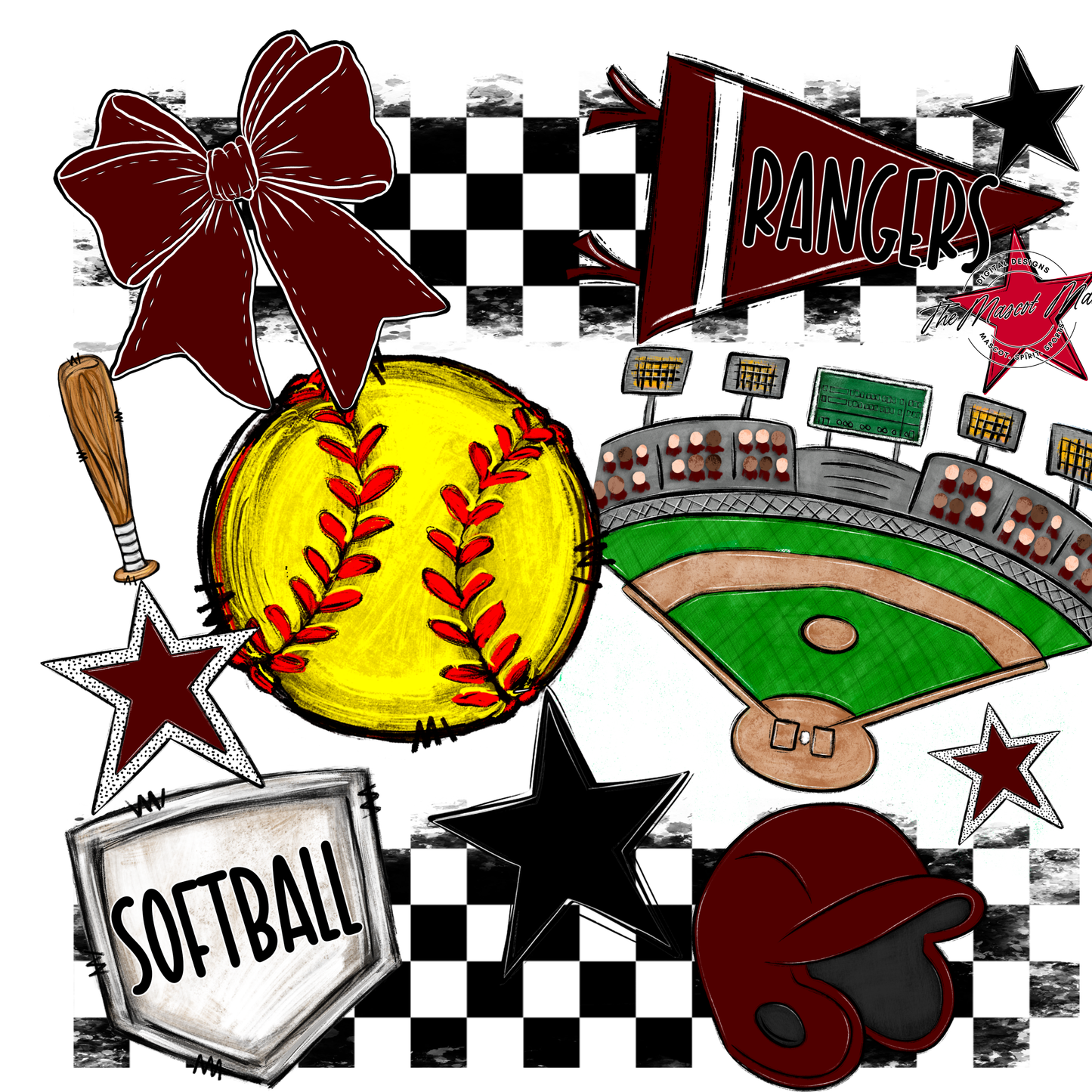 Rangers Checkers Softball Spirit Design-Maroon