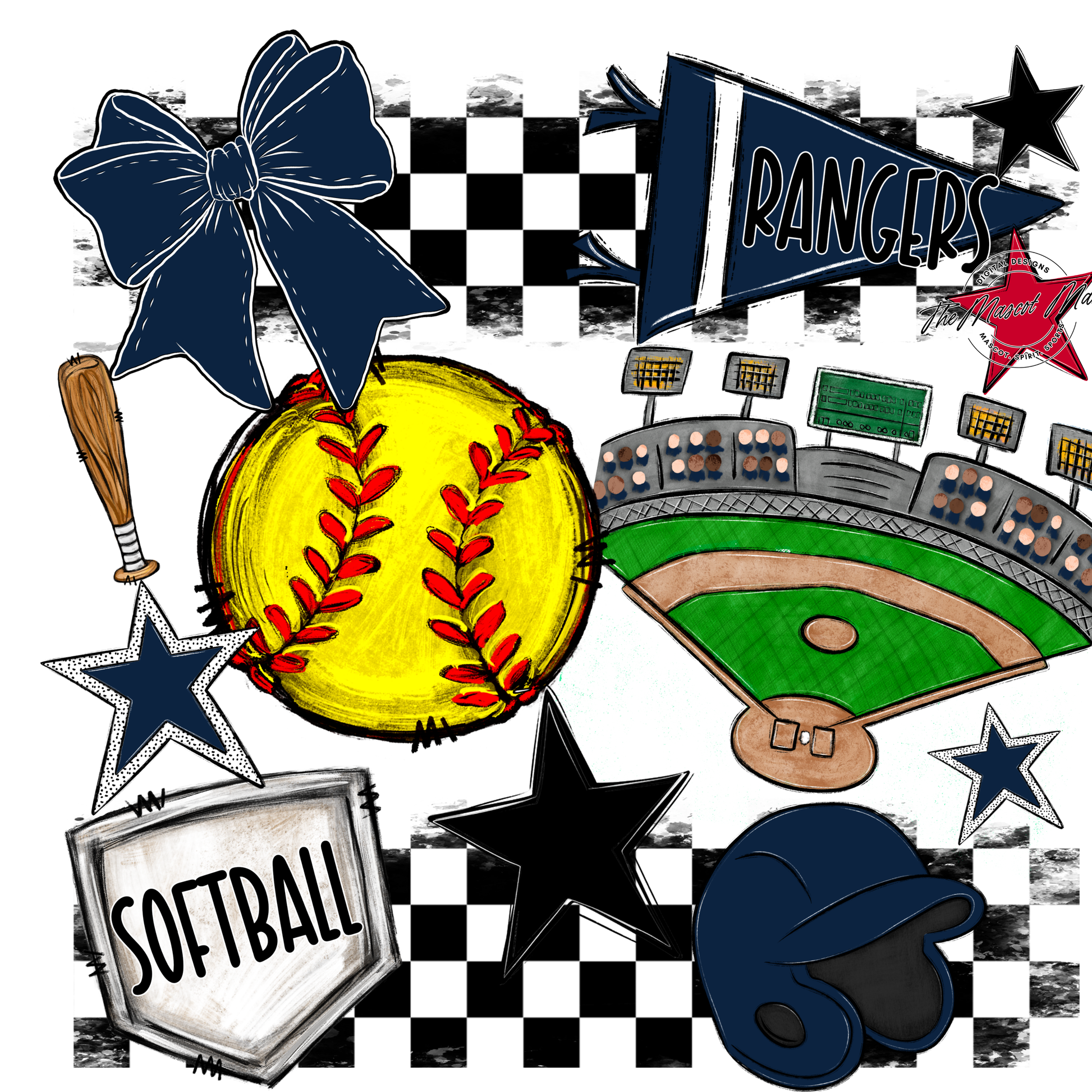 Rangers Checkers Softball Spirit Design-Navy